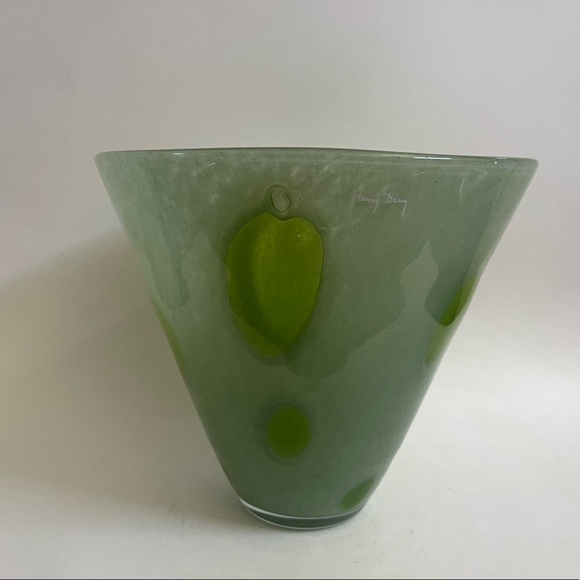 •Large Henry Dean Green Bubble Amoeba Design Glass Art Vase•